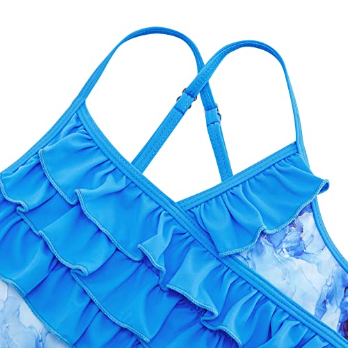 Idgreatim Marble Swimsuit For Girls 9 10 Blue One Piece Tankini Bathing Suit Summer Beach Pool Swimwear With Ruffles #TOP2