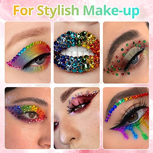 Round Flatback Face Gems Kit (Colorful) For Makeup With Quick Dry Glue + Brush + Tweezer, Nail Art Rhinestones Mixed Color Iridescent Chameleon Glass Crystal Beads For Make-Up Deco #TOP3