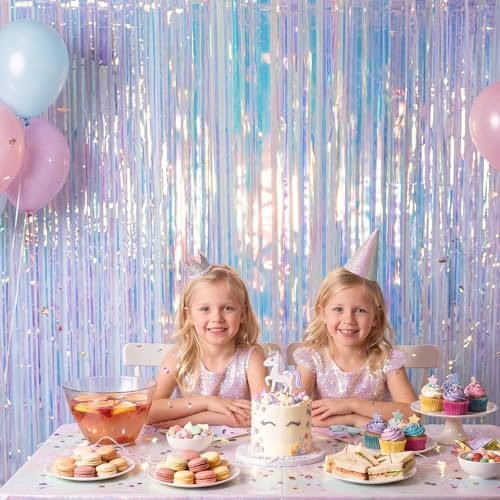 Image of PartyWoo Iridescent Streamers Backdrop 3pcs Iridescent Foil Fringe Streamer Curtain 8.2FT Tinsel Backdrop for Birthday Gender Reveal Baby Shower Graduation Pool Mermaid Under The Sea Party Decorations