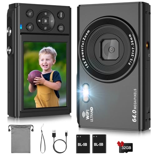 LAMA デジタルカメラ 4kデジカメ WIFI対応 6400万高画素16倍デジタルズーム AFオートフォーカス機能 大画面2.8インチ コンパクトカメラ 軽量 携帯便利 子供用 青少年 大人初心者向け 日本語説明書 32GBメモリカード付き1200mAhバッテリー 2枚 ブラック