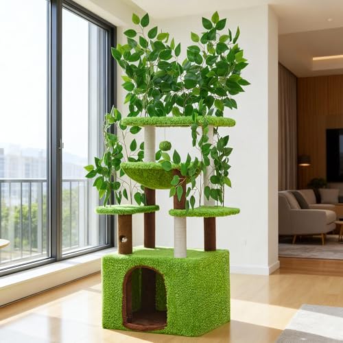 Woochpet 152 cm Katzenbaum mit Blättern zum Klettern, Verstecken und Schlafen, inklusive Hängematte, Kratzbaum und großem Katzenhaus