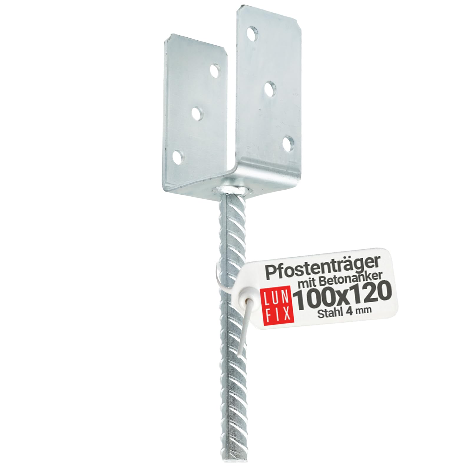 Attacco per palo da 100 mm, supporto per pali a forma di U con ancoraggio in calcestruzzo, altezza 195 mm, altezza lato U 120 mm, acciaio da 4 mm, zincato a caldo