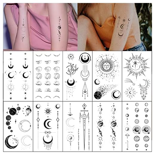 Esland Réaliste lune soleil étoiles espace planètes chaîne tatouages temporaires colonne verticale autocollants de tatouage pour femmes hommes