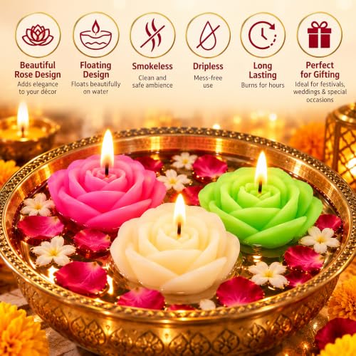 Image of UPYOG Diwali Diya Decoration Floating Candles Giant Rose Candles | 3 Pcs Bulk Pack | Smokeless, Dripless & Long Lasting Water Lamp Candles Deepawali Decor