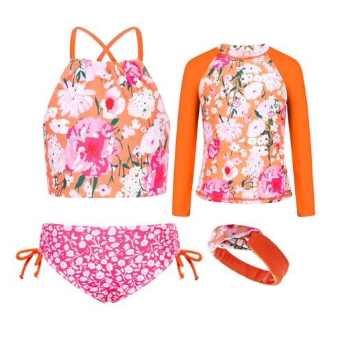Image of GRACE KARIN Girls Swimsuit Tankini Set Rash Guard Long Sleeve Swimsuit 4 Piece Bathing Suit Swimwear 5-14Y