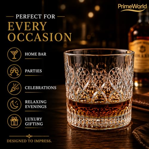 Image of PrimeWorld Cristalleria European Crystal Whiskey Glasses Set of 6 pcs- 300 ml Bar Glass for Drinking Bourbon, Whisky, Scotch, Cocktails, Cognac- Old Fashioned Cocktail Tumblers