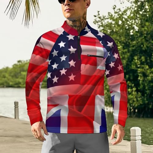 Flags of USA and UK Men's Rash Guard Long Sleeves Quick Dry Fishing Workout Shirts with Zipper2
