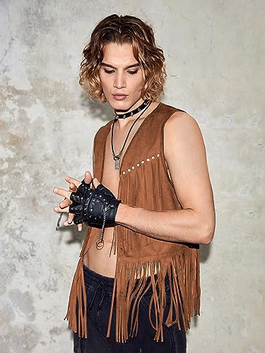 Image of Verdusa Men's Sleeveless V Neck Studded Detail Fringe Trim Open Front Vest Jacket