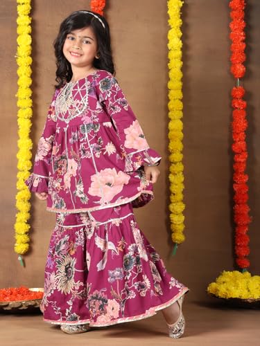 Image of superminis Girls Cotton Floral Printed Gotta Work Full Sleeves Kurti and Matching Sharara Ethnic Wear Set