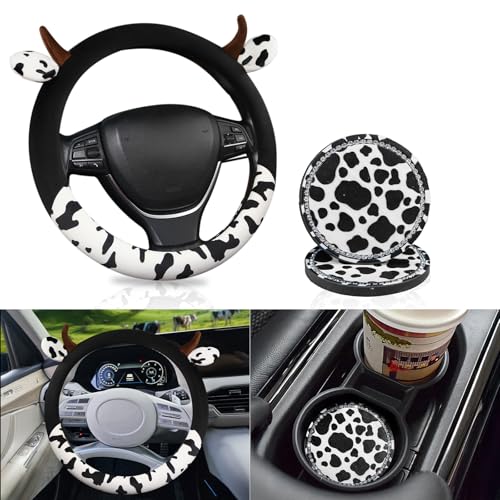 SuperKaKa Furry Cow Print Steering Wheel Cover with 2 PCS Car Bling Cup Coasters Universal Stylish Comfortable Car Interior Accessories for Women Men (Black)