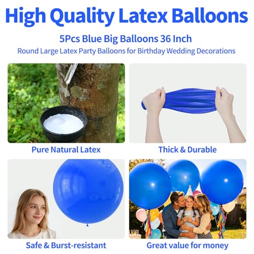 Image of 5Pcs Blue Big Balloons 36 Inch, Round Large Latex Party Balloons for Birthday Wedding Decorations