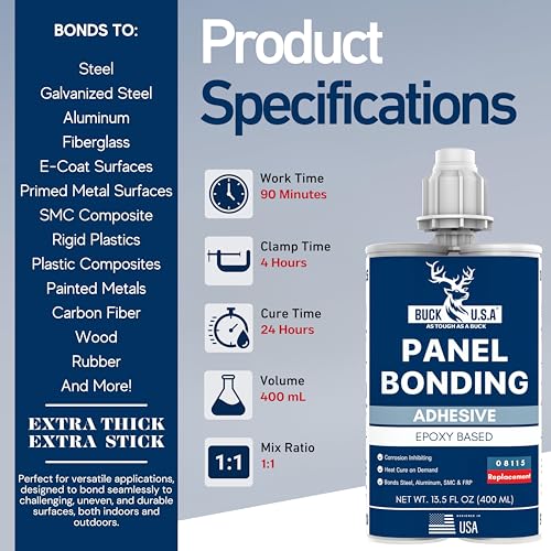Image of 3 Pack Buck Panel Bonding Adhesive, Two-Part Epoxy, 400 ml /13.5 fl oz Cartridge, 08115 Replacement, Heavy Duty Metal Glue for Automotive Use, Bonds w /Steel, Aluminum, Plastic, OEM Recommended, Black