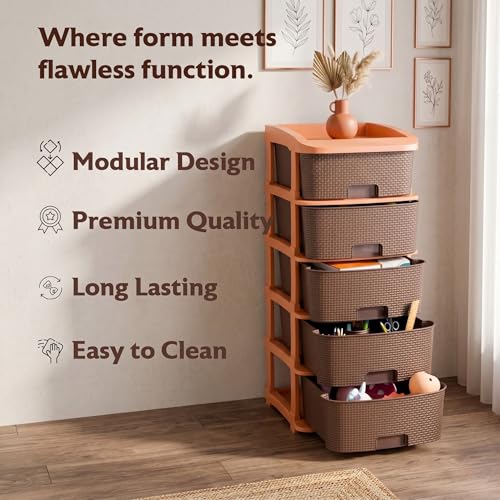 Image of Jefa Plastic Modular Drawer Storage Organizer | Multipurpose Storage Chest with Anti-Slip Design | Large Capacity Drawer Rack for Clothes, Shoes, Office & Home Use (Brown, 2)