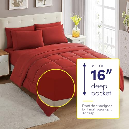 Sweet Home Collection 7 Piece Comforter Set Bag Solid Color All Season Soft Down Alternative Blanket & Luxurious Microfiber Bed Sheets, Red, Twin XL