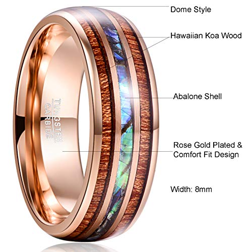 Vakki Tungsten Rings for Men 8mm Rose Gold Koa Wood and Shell Inlay Wedding Bands Size 7