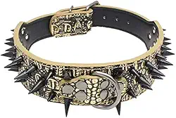 Izefia Coleira para cachorro preta afiada cravejada luxuosa coleiras de couro acolchoadas para cães de médio porte e grande – colar de 5 cm de largura antimordidas (P, ouro-BK)