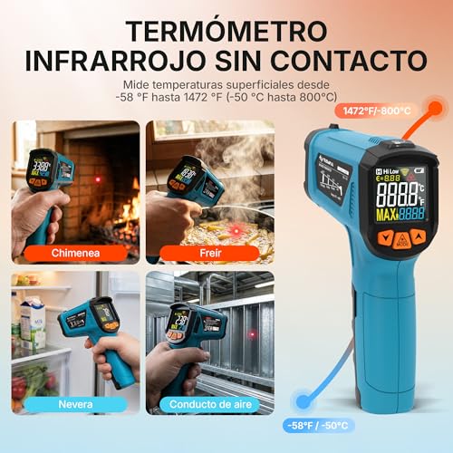 Tilswall Termómetro Infrarrojo (-50°C~800°C (-58°F~1472°F) Termometro laser sin Contacto con Emisividad Ajustable, Ideal para Cocina, BBQ y Congelador, Incluye Termómetro de Carne, Uso No Humano - imagen 3