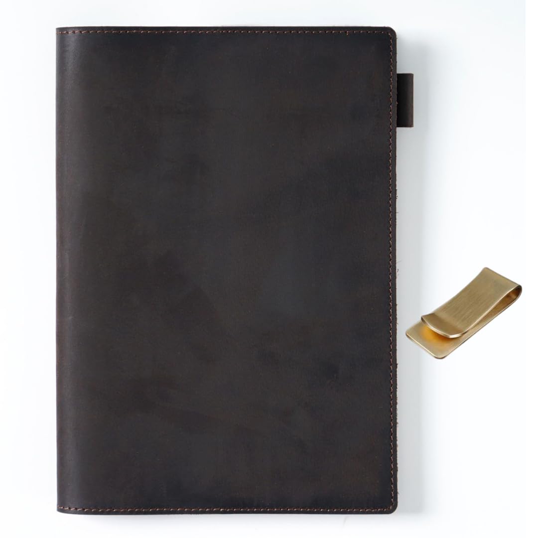 MALFY A5 Notebook Cover Leather Journal Cover Genuine Leather Book Cover High-Quality Crazy Horse Leather with Brass Book Clip (Coffee, A5) : Office Products