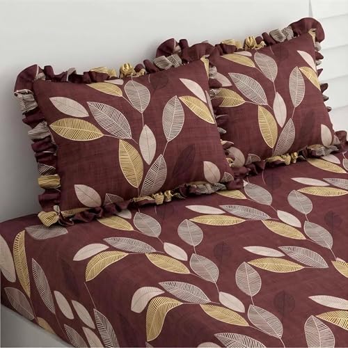 Image of 380 TC Premium Glace Cotton Elastic Fitted Bedsheet King Size with 2 Pillow Covers King Size | Double Bed with All Around Elastic (Wine New, Fitted - 72 inchx78 inch King)