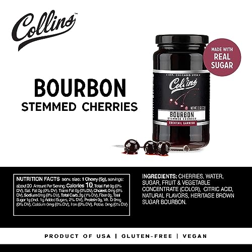 Collins Bourbon Cocktail Cherries - Drinks Garnish for Manhattan or Old Fashioned Cocktails and Desserts, Made with Award Winning Whiskey, Set of 6 11 oz Jars