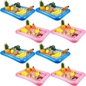 8 Pieces Inflatable Cooler Buffet Ice Serving Bar Food Drink Buffet Cooler Salad Floating Tray for Pool Picnic BBQ Indoor Outdoor Picnic Party Supplies, Pink and Blue