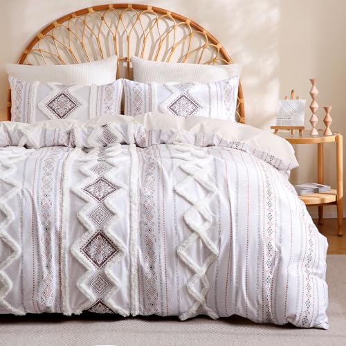 Image of Herside Light Brown 100% Cotton Boho Duvet Cover Set Queen Size, 3-Piece Tufted Textured Modern Boho Moroccan Bedding, Aztec Geometric Farmhouse Comforter Cover with 8 Corner Ties & Double Zipper