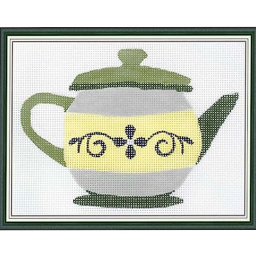 Sacramento Stitchery Howie's Needlepoint Kits, 18CT Embroidery Patterns Starter Kits, Canvas Kits, Teapots - Sage