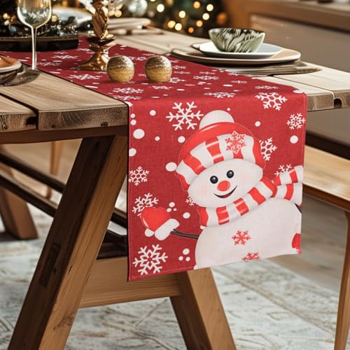 Camino de Mesa de Navidad 35x180cm,Traves de Mesa en Navidad para Decorar la Mesa de la Cocina,Adornos para Fiestas de Navidad - Hombre de Nieve y Copo de Nieve sobre Fondo Rojo