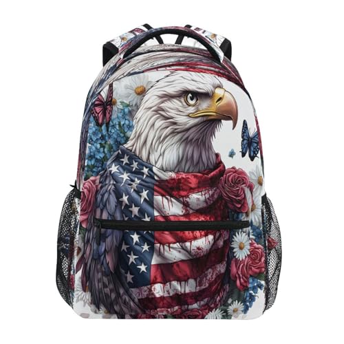 American Flag Bird Butterfly Flower Backpack for School Boys Girls Adults Kids Bookbag Laptop Bag 18L