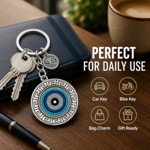 Image of Evil Eye Keychain, Blue Nazar Talisman with Eye of Horus Charm, Greek Key Border, Antique Finish, Metal Key Ring