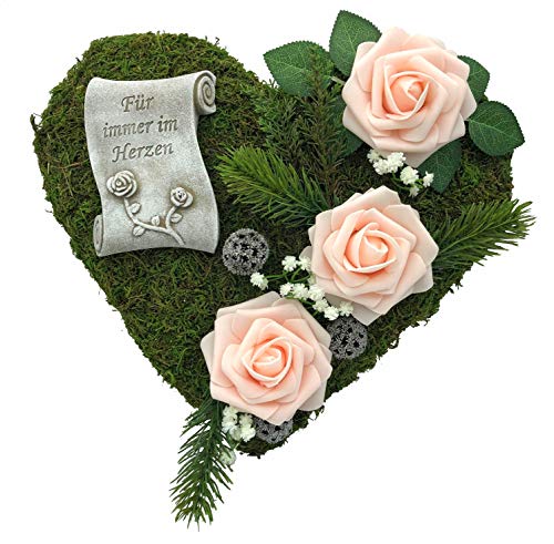 Grabgesteck Grabschmuck Grabaufleger Moosherz Grabherz Trauerherz Grab Herz Gesteck Rosen mit Schriftrolle Für Immer im Herzen (Rosen Rosa)