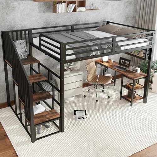 Eisen-Hochbett 120 x 200 cm mit Schreibtisch, Regal und Treppe