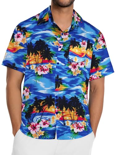 Image of Men Hawaiian Shirt Short Sleeve Summer Beach Button Down Shirts with Pocket