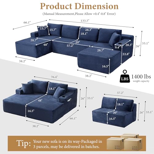 Image of 96 inch Sectional Couches for Living Room Cloud Couch Sofa with L-Shape Upholstered Boneless Couchs Modern Modular Sectional Couch with Chaise (Bule, 133 inch W+U Facing Chaise)