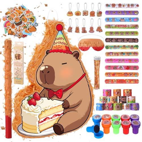 Camptrip Pinata Geburtstag Capybara mit Stab&Maske für Mädchen und Jungs,Capybara Pinata Set mit 96 Füllungen,Partypinata für Kinder zum Aufhängen Befüllen,Piñata als Party Deko in 43x31x7 cm
