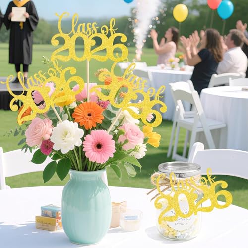 Image of Class of 2026 Decorations - 20 Pcs Gold Graduation Centerpieces for Tables, Double-Sided Gold Graduation Decorations 2026 with Grad Toppers for Bouquets