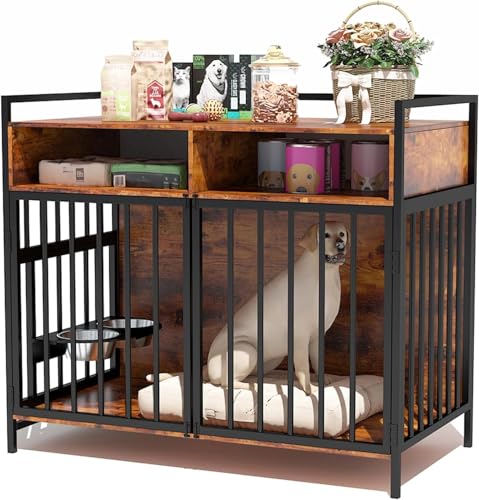Large Dog Crate Furniture - 48' Vintage Brown Wooden Kennel for Big Dogs, Heavy Duty Chew-Proof Cage with 360° & Adjustable Raised Feeder, Dual Use as End Table or TV Stand