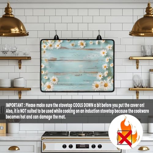 Image of Stove Top Covers for Electric Stove Heat Resistant Glass Ceramic Cooktop Cover Mat Multipurpose Kitchen Heat Resistant Flat Top Stove Cover, 29 x 21 Inch, Daisy Pale Blue Wood Grain