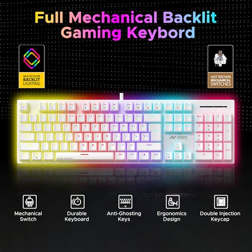 Image of Ant Esports MK3400 Pro V3 Mechanical RGB Gaming Keyboard, 104 Keys-Brown Switch, Multicolour Backlit, Anti-Ghosting, USB Wired, Media Keys, 12 LED Modes, for PC, Mac, Windows, Linux - White