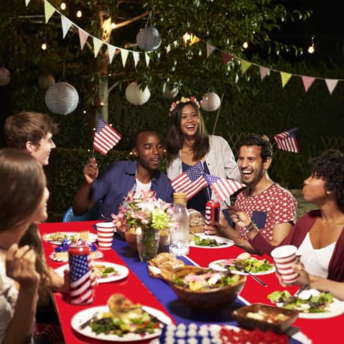Image of 12 Pcs Plastic Tablecloths, Disposable Rectangle Red White Blue 54 x 108 Inch Waterproof Table Covers for 4th of July Patriotic Independence Memorial Veterans Day Party Decorations