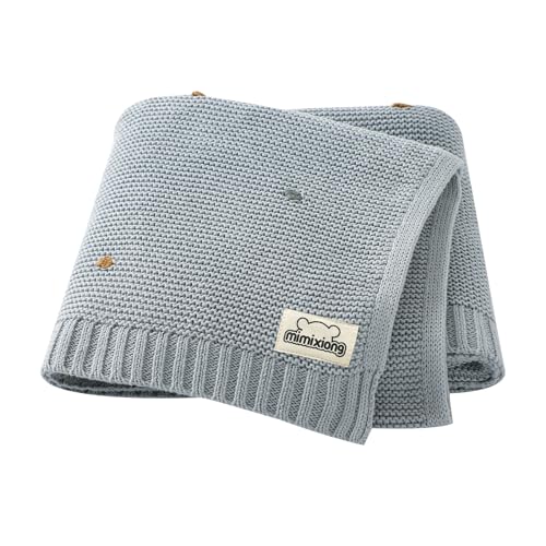 mimixiong Knit Baby Blanket - Soft Cozy Cotton Knit Baby Blanket for Boys and Girls - Swaddling Crib Stroller Quilt Blanket Shower Baby Gift (Light Blue)