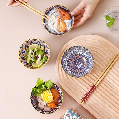 Image of 6-Piece Ceramic Dinner Set, 2 Plates & 4 Bowls, Microwave Safe, Dishwasher Safe, Floral Dinnerware (Orange MANDLA, 2 Plate & 4 Bowl Set)