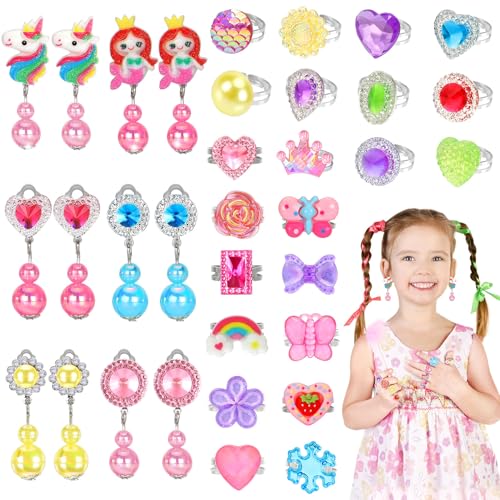 Jewelry Girl Toys for Ages 3-8, Adjustable 38 Lovely Rings for Kids, Clip On Earrings for Girls, 3 4 5 6 7 8 Year Old Girls Christmas Birthday Gifts, Toddler Toy for Princess Dress Up, Party Favor