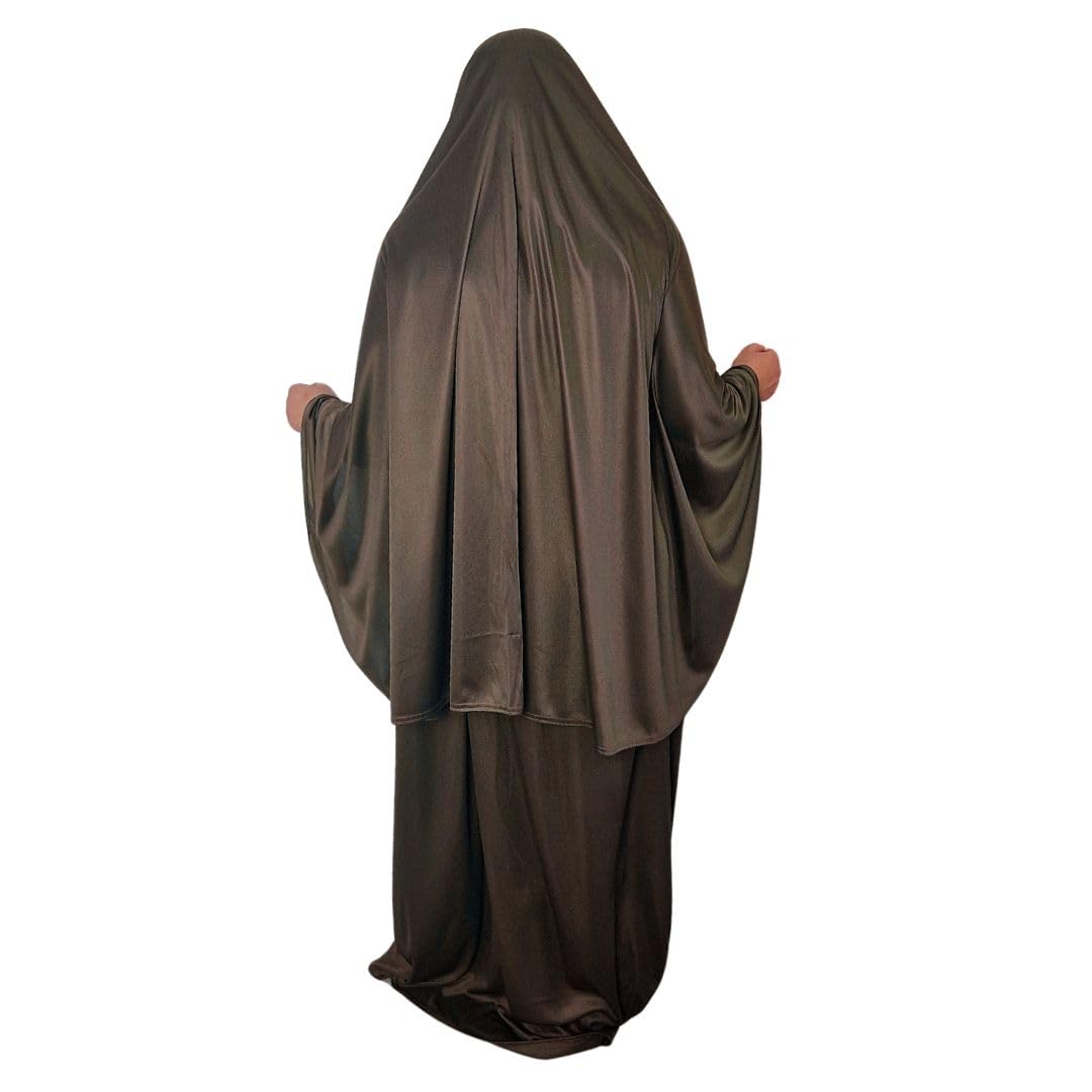 Yaqeen Women Prayer Set Two Piece (Khimar + Skirt) One Size Pull on Headscarf Stretchy Lycra Ideal Stretchy Everyday/Home/Travel/Hajj/Umrah/Mosque/Madrassa/Ramadan (Brown)