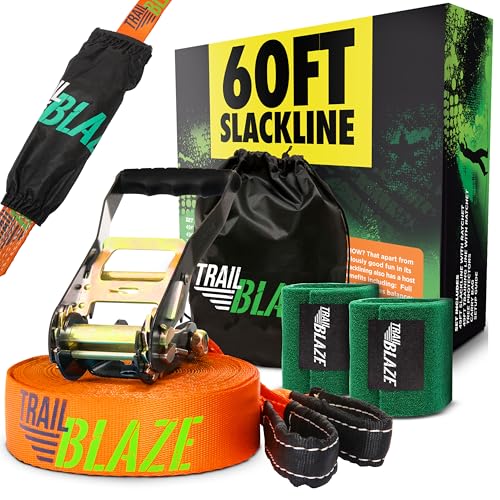 Complete Slackline Kit with Training Line - 60ft Slack Lines for Backyard for Kids and Adults, Wider Tree Protectors - Ninja Slackline Kit for Kids Outdoor Play Equipment (Essential Kit - Orange)