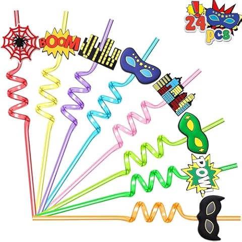 AFZMON 24 Hero Party favors Straws Bulk, Plastic Hero Straws for Kids Party Favors Goodie Bags Stuffers Birthday Decorations Supplies Gifts Cover