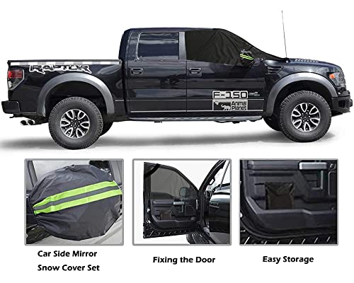 Image of Big Hippo Windshield Snow Cover, Extra Large 600D Windscreen Cover for Ice and Snow, Waterproof Thicken Windshield Cover Protector for Pickup Truck, Mirror Covers with Reflective Warning Bar, Gray