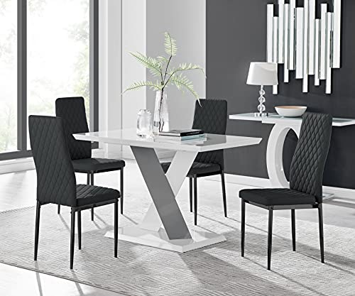 Furniturebox UK Monza White and Grey High Gloss 4 Seater Crossover Accent Kitchen Dining Table & 4 Black Faux Leather Black Leg Milan Dining Chairs
