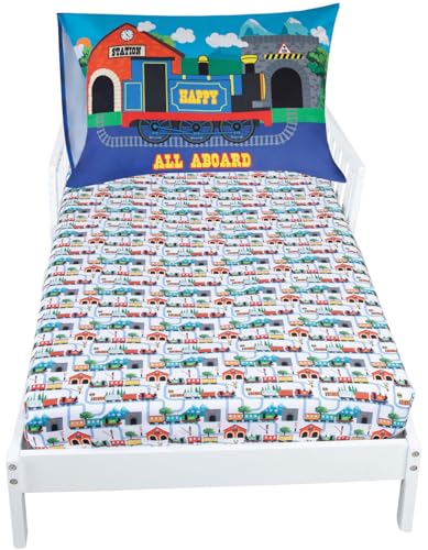 Image of Todays Kids Choo Choo Train Toddler Bed Sheets for Boys - 2-Piece Baby Crib Sheets Boy Crib Size, 28x52 Fitted Sheet & 20x30 Pillowcase, Soft Breathable & Fade-Resistant Microfiber, Machine Washable