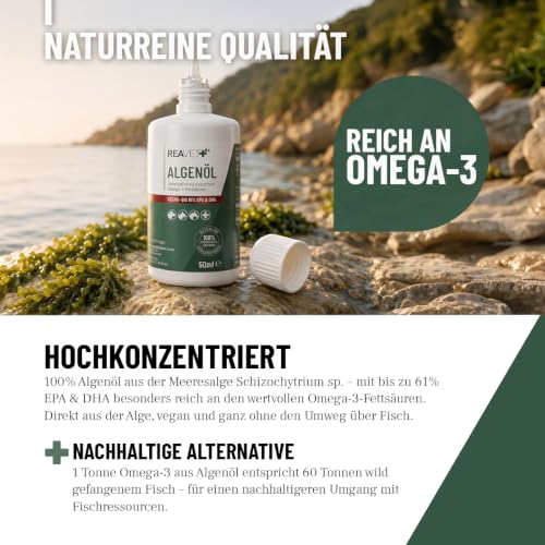 ReaVET Algenöl für Hunde, Katzen & Pferde 50 ml – Hochkonzentriertes veganes Omega-3-Öl aus Mikroalgen mit bis zu 61% EPA & DHA – Fischfreie Alternative zu Lachsöl & Fischöl